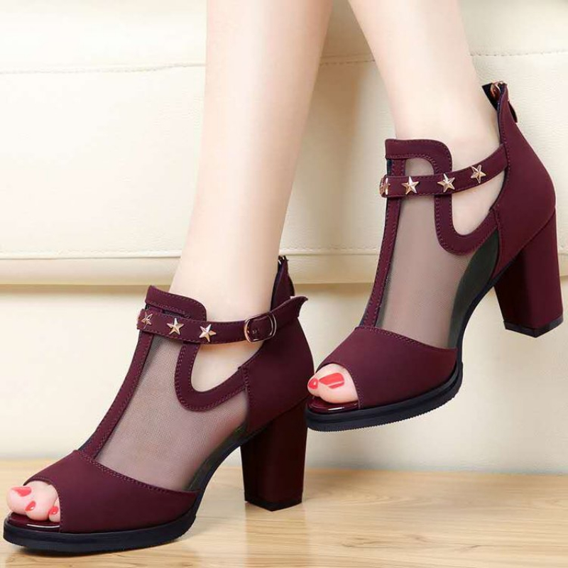 메쉬 피프토 블록 하이힐 여성 샌들 컷아웃 앵클 스트랩 - Mesh Strap Metal 리뷰 및 가격